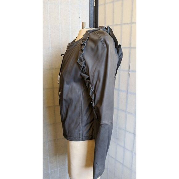 DIESEL Women's LEATHER JACKET Charcoal Gray L’HEZE Ruffle Detail NWT - Picture 2 of 10